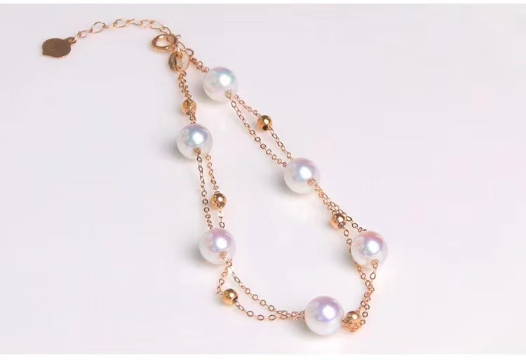 18K Solid Yellow Real Gold Jewelry (AU750) Women Single Grain Pearl Bracelet Chain Natural Sea Pearl Beads  Fashion Lady