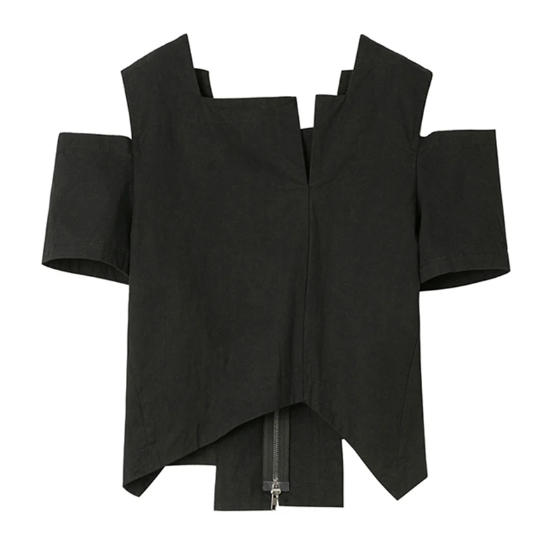 

GALCAUR Black Straight Shirt For Women Square Collar Short Sleeve Off Shoulder Patchwork Zipper Solid Blouses Female 2021 Summer