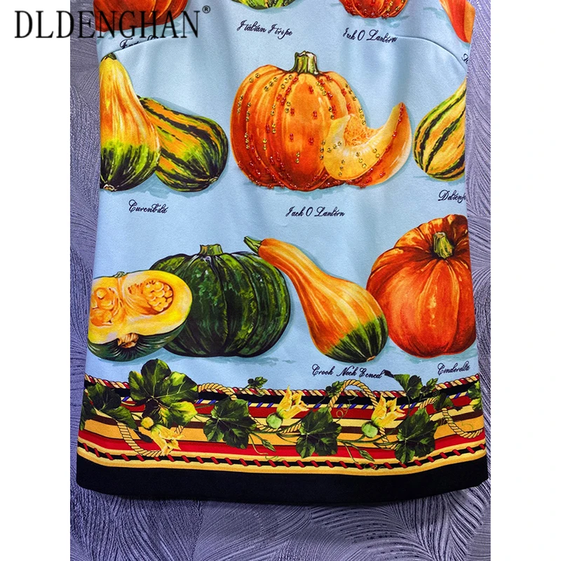 

DLDENGHAN Fashion Vegetables Print Overcoat Luxury Crystal Button Long Sleeve Outwear + Beading Dress Autumn Winter Women's New