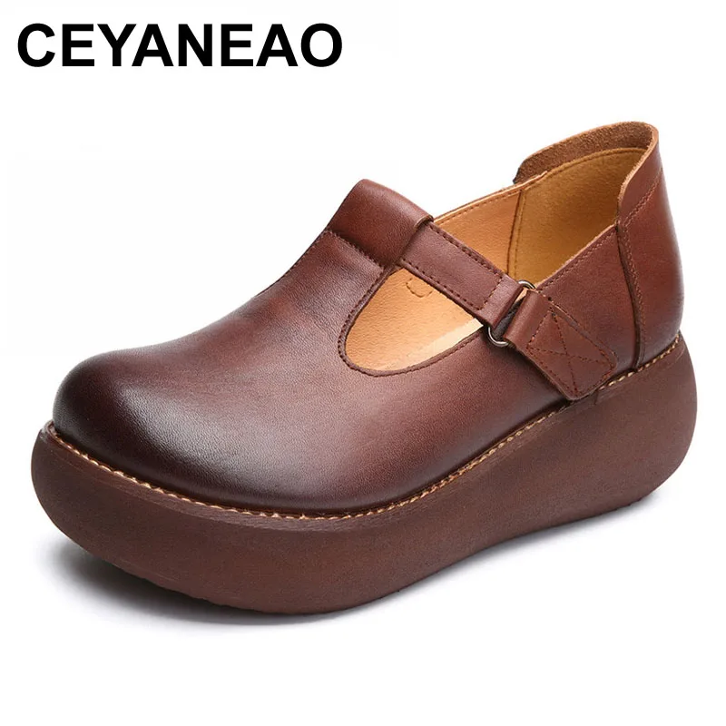 

CEYANEAO Spring New 2020 Women Fashion Pumps Shoes Woman Genuine Leather Wedge Unique Casual Shoes Mother High Heels Shoes