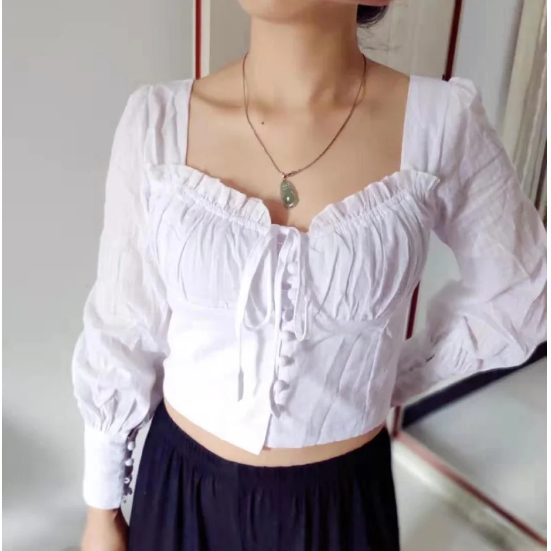 Романтичный белый кроп Топ 2019 Женский Осенний сексуальный открытый длинный