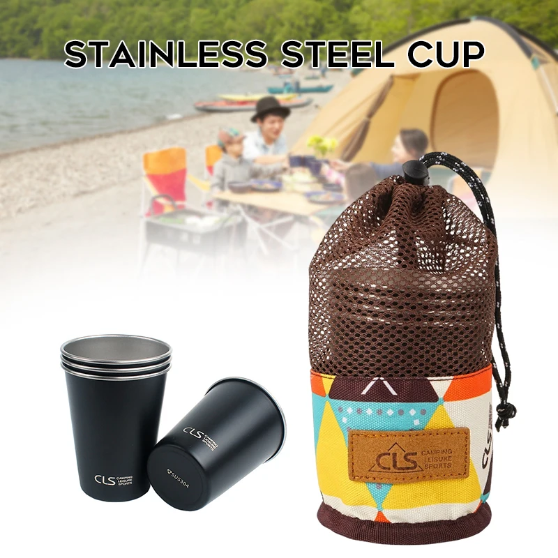 

350ML Stainless Steel Cup Outdoor Camping Tumbler Cup with Mesh Carry Bag Set 4PCS Travel Picnic Water Drinking Mug MC889