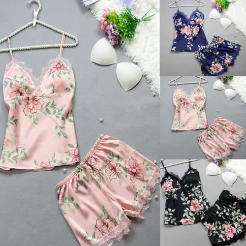 

2020 Women Silk Satin Lace Crop Tops Shorts Female Summer Floral Print Lace Sleepwear Babydoll Nightdress 2pcs Pajamas Sets