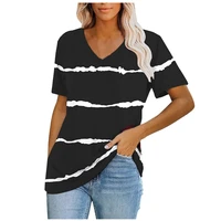 2021 summer t shirt printing street trend pullover tie dye casual all match trend striped v neck womens wn