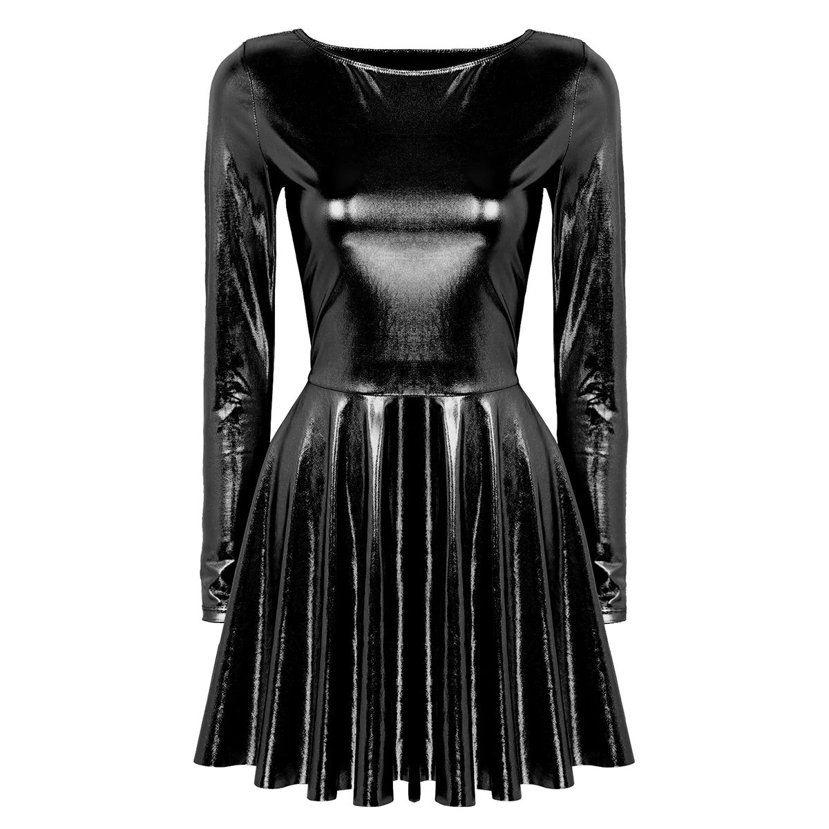 

2021 Women Ladies Shiny Metallic Dance Dress Long Sleeves Girls A-line Style Dress Mini Slim Party Clubwear Spring Clothes