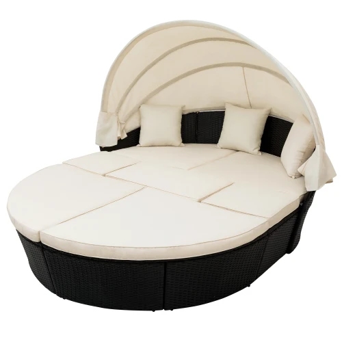 Outdoor garden furniture rattan sofa bed and retractable canopy round outdoor set wicker clamshell seat beige. | Мебель