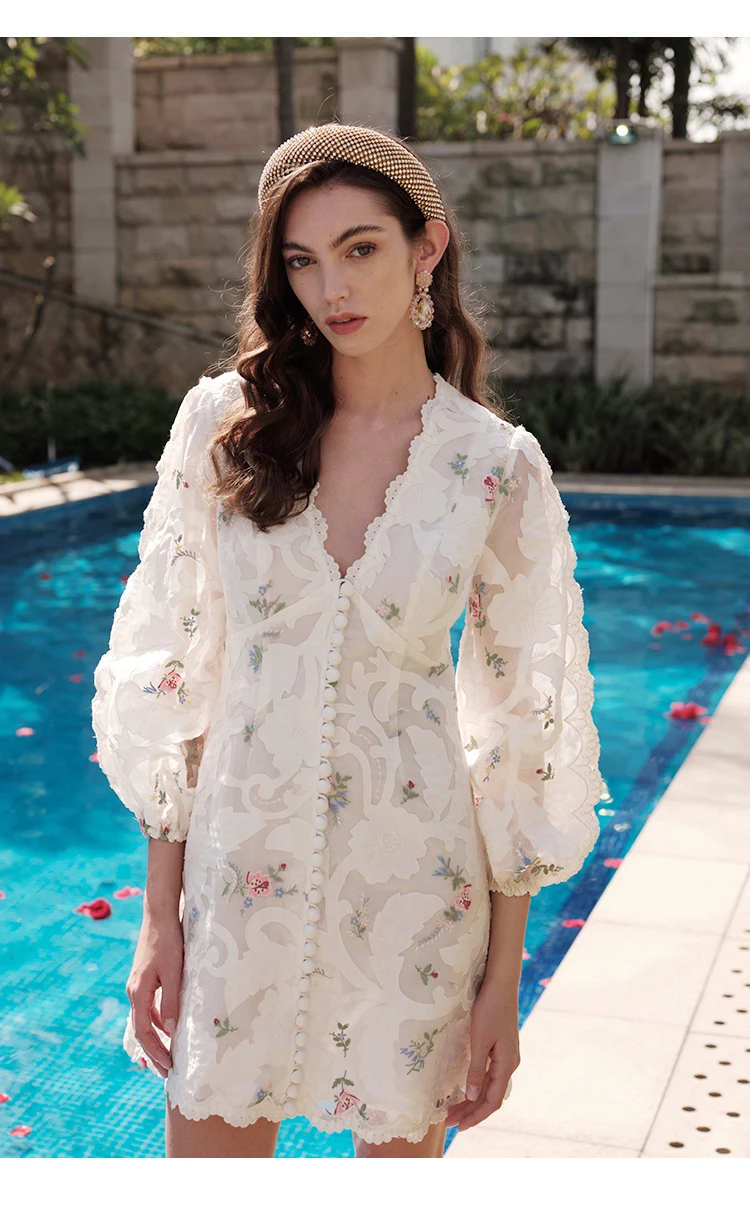 2020 весеннее женское платье с цветочной вышивкой Элегантное однобортное белое