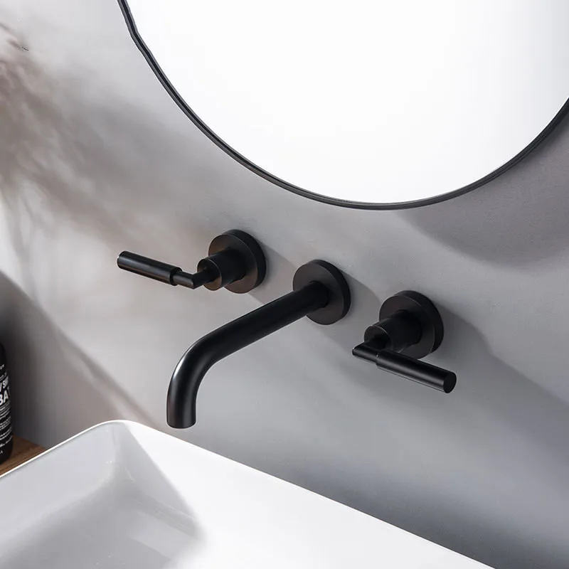 

Matte Black Brass Double Handle Wall Mounted Bathroom Faucets Sink Faucet Hot & Cold Water Taps Basin Mixer Tap Set