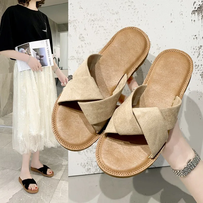 

Shoes Woman 2021 Slippers Flat Low Pantofle Lady Shale Female Beach Luxury Slides New Girl Sabot Soft Designer Fashion Rome PU R