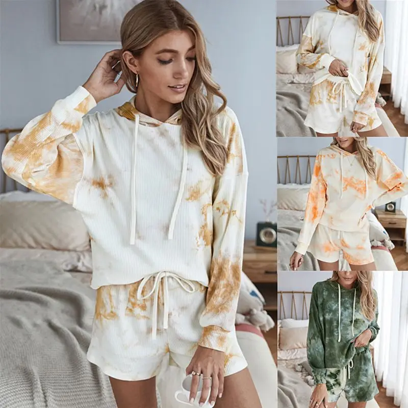 

2Pcs Women Tie-dye Long Sleeve Loose Tops + Drawstring Waist Shorts Set Pajamas