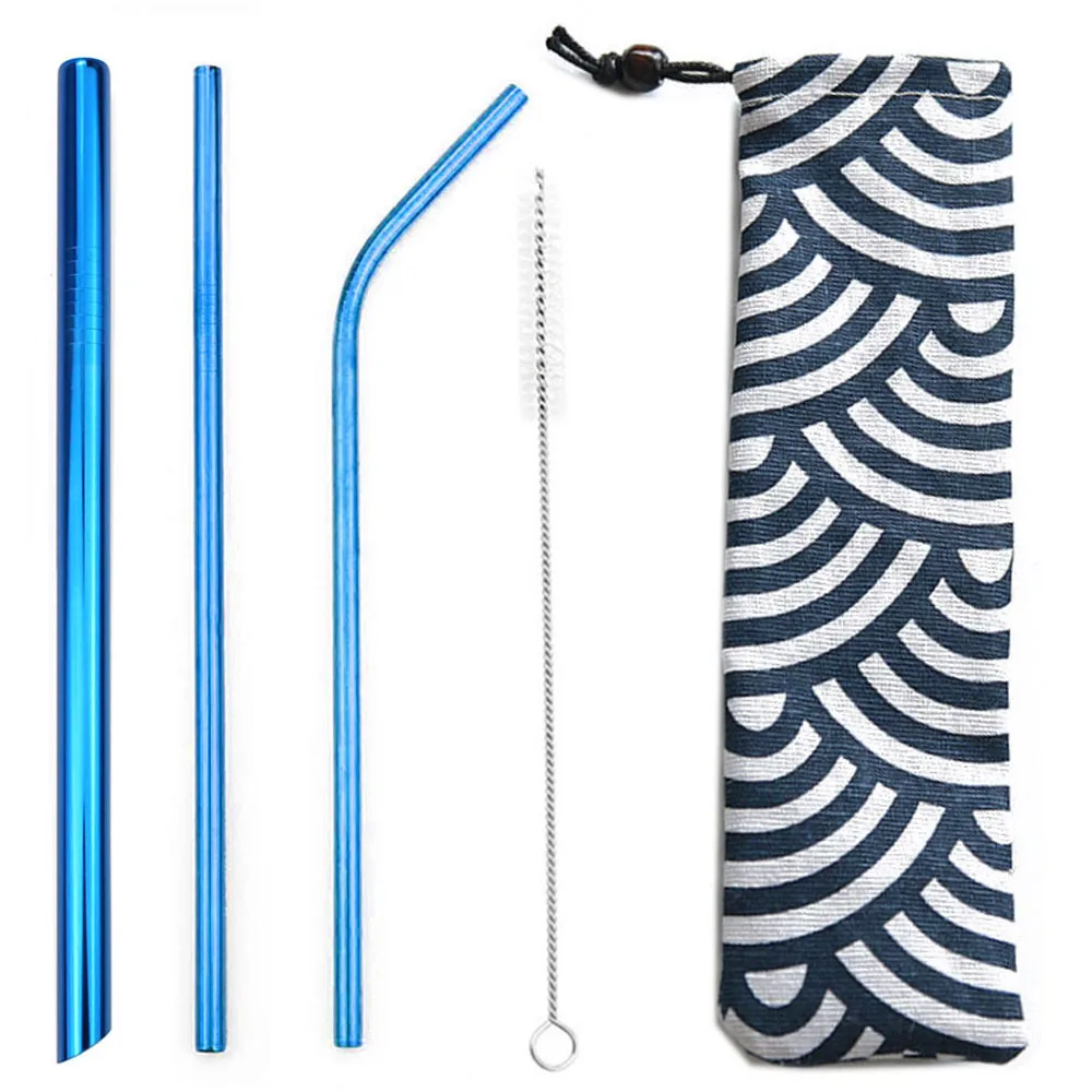 BLue 5pcs Reusable 304 Stainless Steel Rainbow Straw Metal Smoothies Drinking Straight Straws Silicone Cover with Brush Bag Wholesale - Цвет: BLue