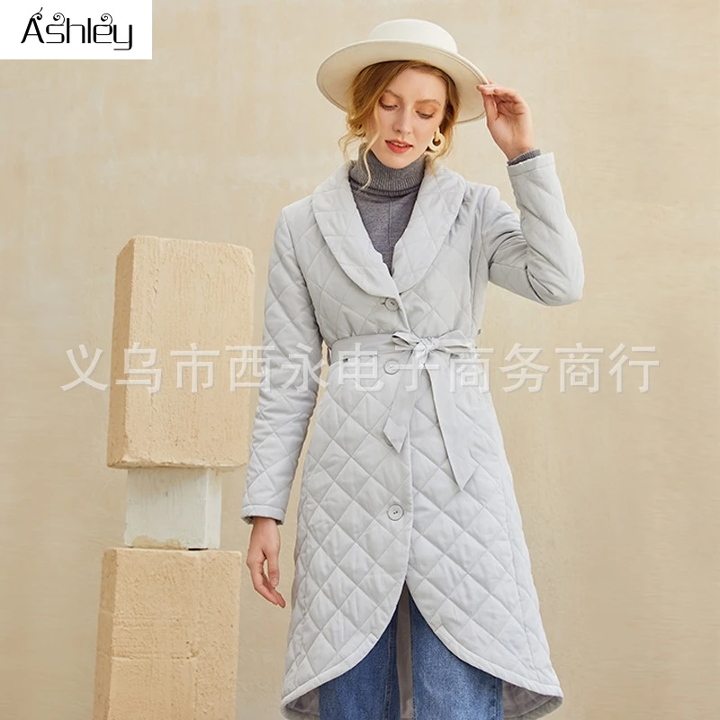 

Ashley Chic pattern waist band women winter coat V-neck asymmetric long cotton warm coat female Fahison padded jacket coat 2020