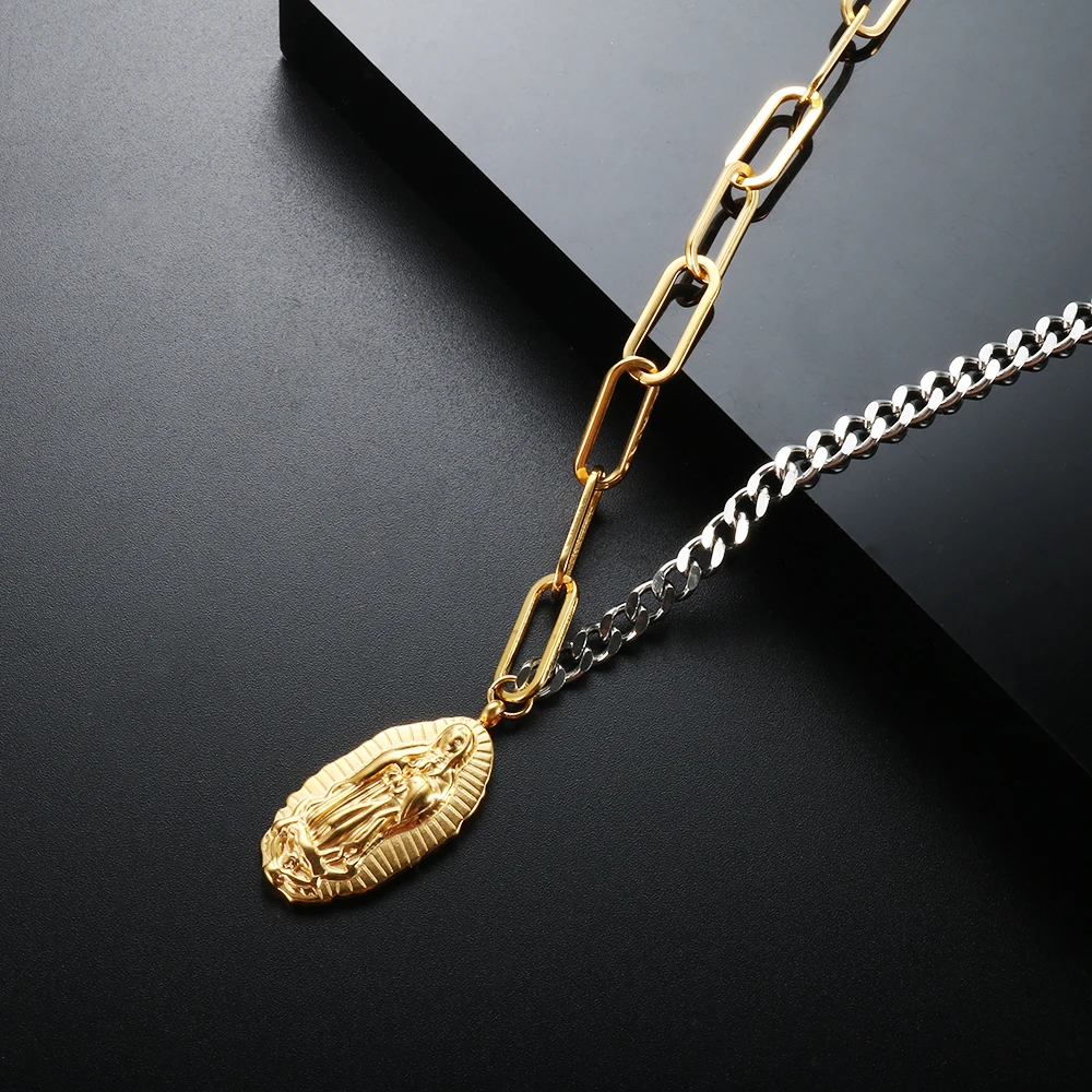 

ZMFashion Gold/Silver Color Splicing Link Chain Necklace Avatar Portait Pendant Jewelry Vintage Clavicle Choker For Women Men