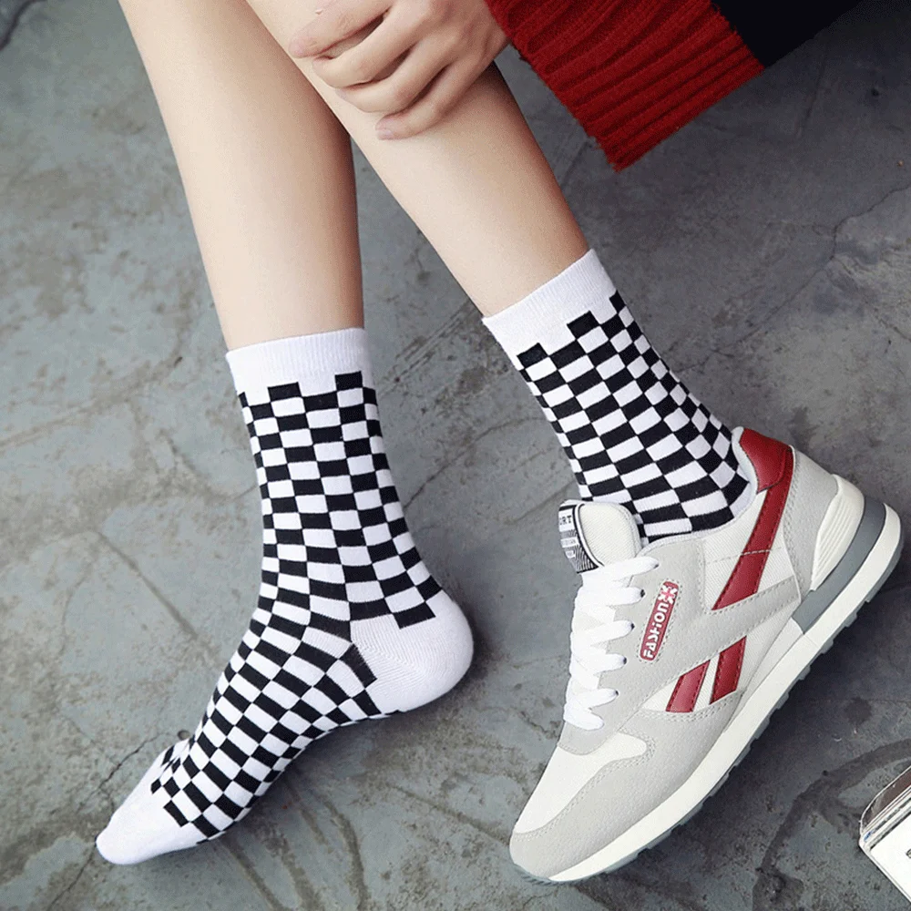 Корейский стиль Харадзюку тренд женские шахматные носки геометрические