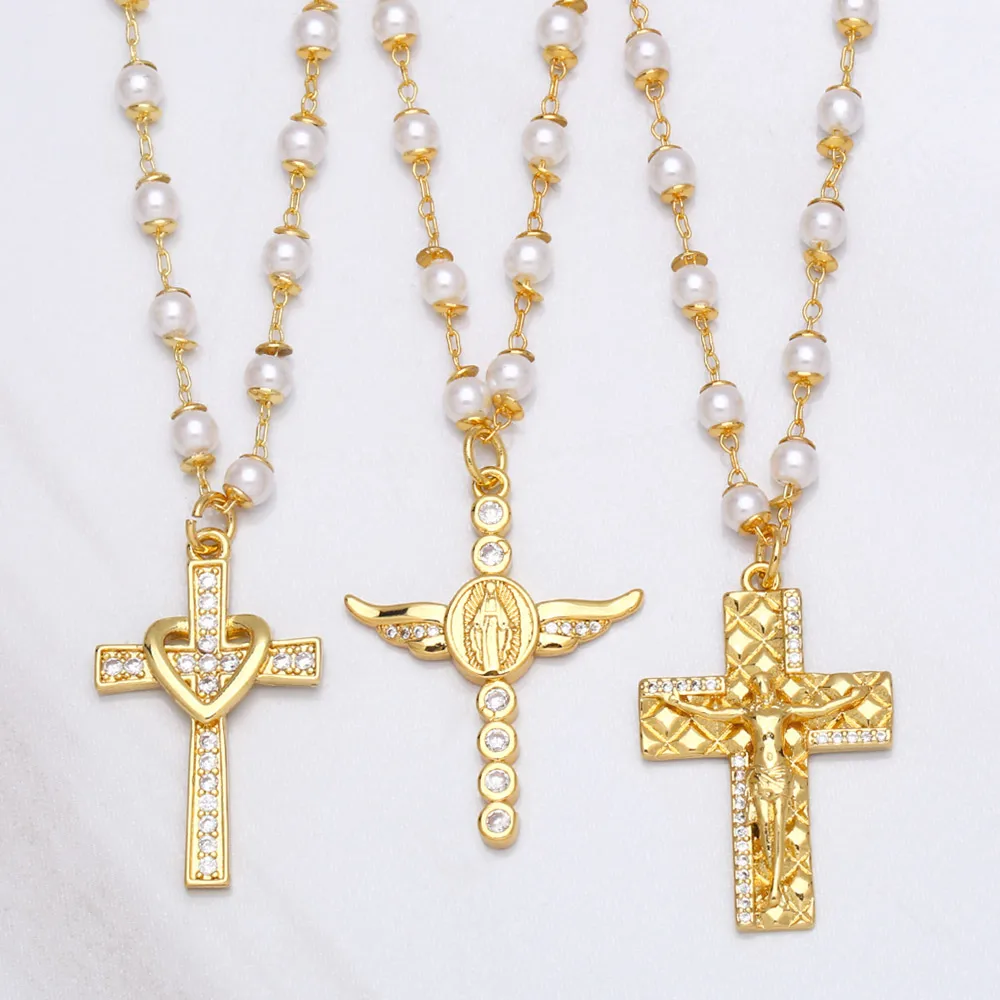 

Christian Jesus Cross Necklace for Women Copper Virgin Mary with Angel Wings Pearl Necklace Saints Prayer Baptism Gifts nkea045