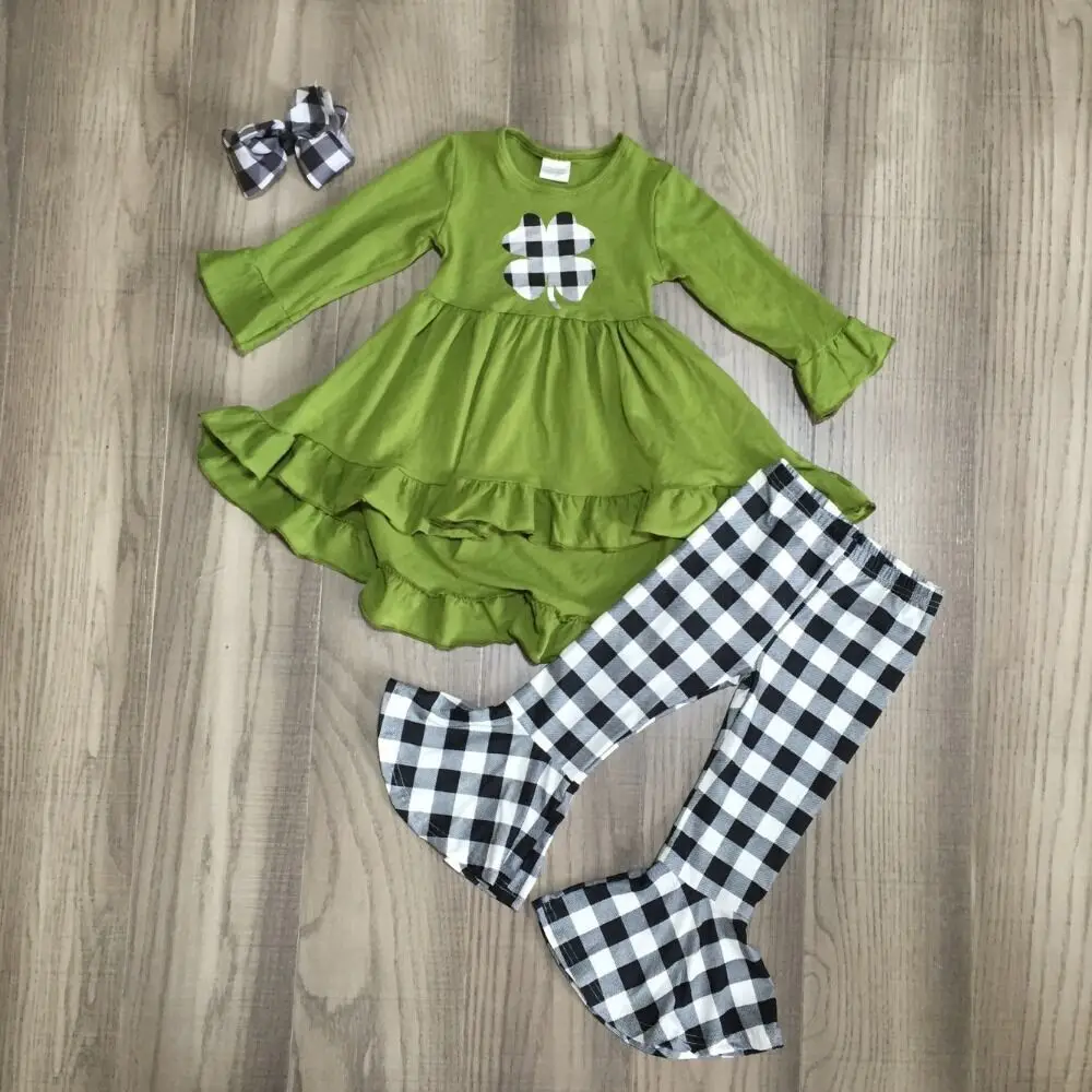 Костюмы для дня Св. Патрика маленьких девочек зеленый топ в клетку с клевером