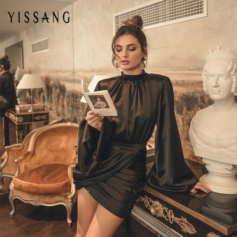Yissang Пятнистое облегающее платье женское черное Плиссированное офисное