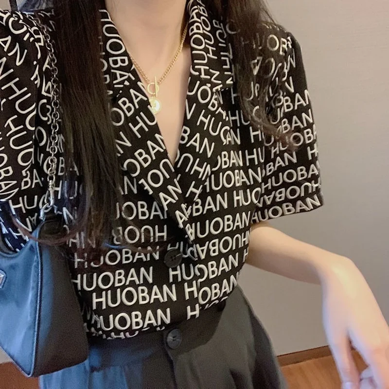 

HOUZHOU Blouses Women New Short Sleeve Black White Shirt Streetwear Oversize Korean Fashion Button Up Cardigan Summer Top 2021