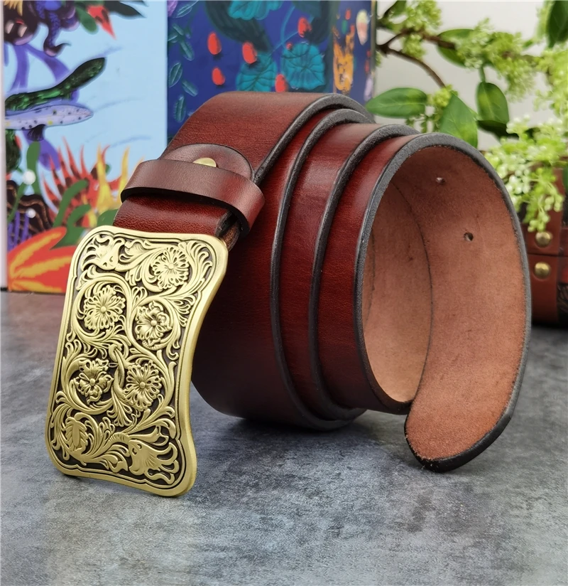 Luxury Carving Flower Brass Belt Buckle Men's Belt Ceinture Top Thick Geunine Leather Belt For Men Wide Trouser Belt Men MBT0031
