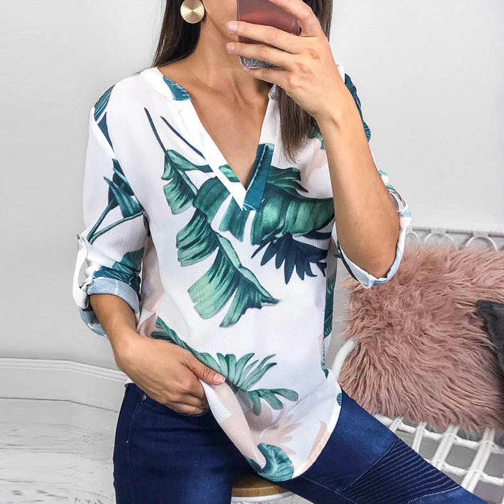 HEFLASHOR Lady Casual Floral Printed Tops Shirt Fashion Women Summer Loose Top 3/4 Sleeve V-neck Blouse Women's Leaf Print |