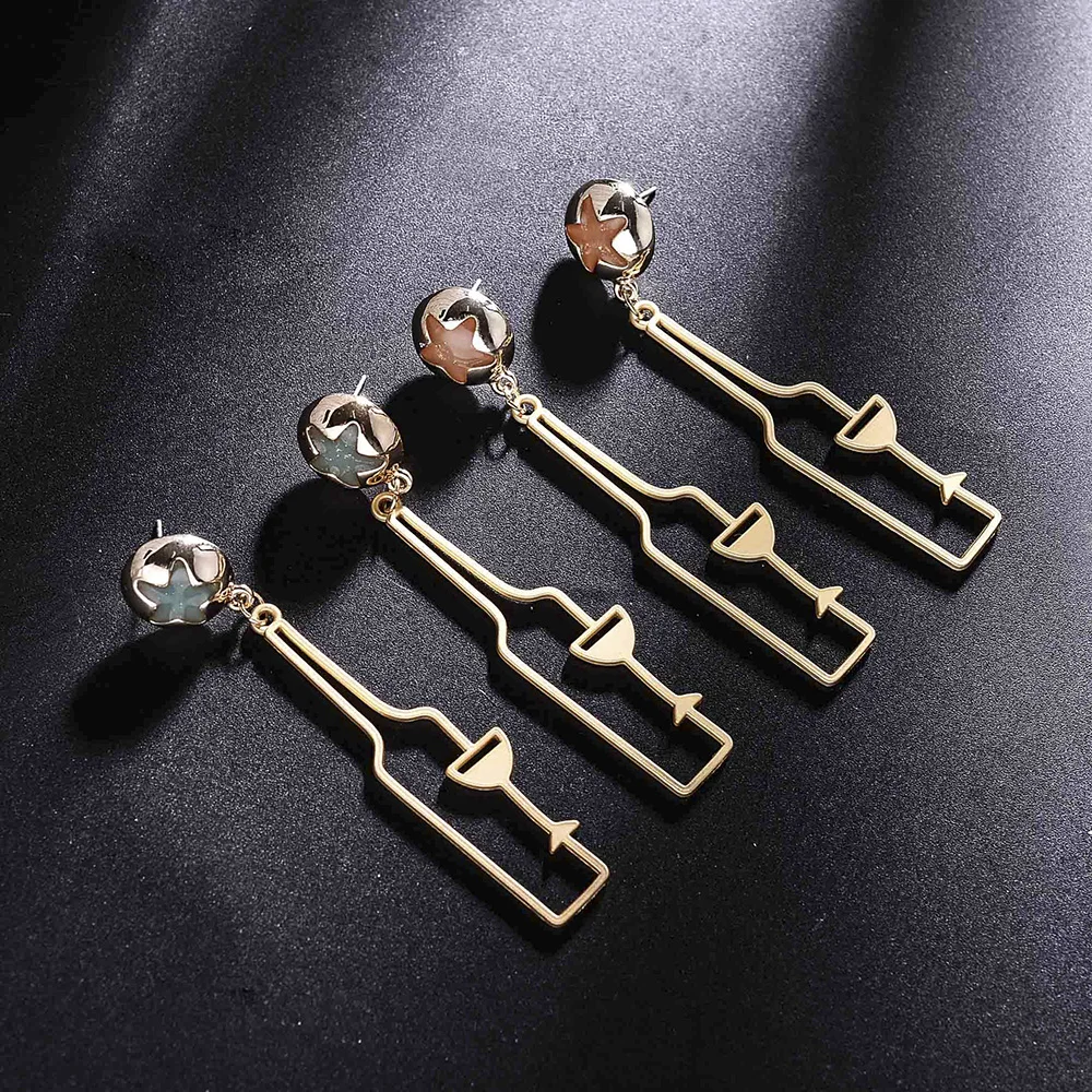 

Fairy Gold Color Wine Bottle Goblet Pokal Cup Long Drop Earrings Geometric Hollow Earrings Fresh Summer Women Jewelry