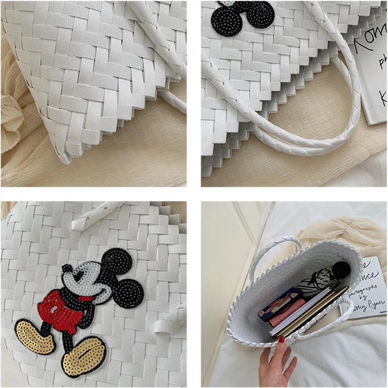 

Disney Mickey Mouse Hand-woven Women's Bag Cartoon Mickey Women Shopping Bag Girl Fashion Cute Beach Bag Leisure Hand Package