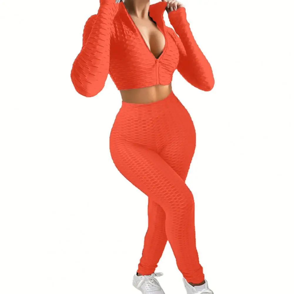 

Fashion Sweat Suit Stand Collar Lady Tracksuit Sexy Long Sleeve Two Piece Set Crop Top Skinny Textured Sport Outfits for Running