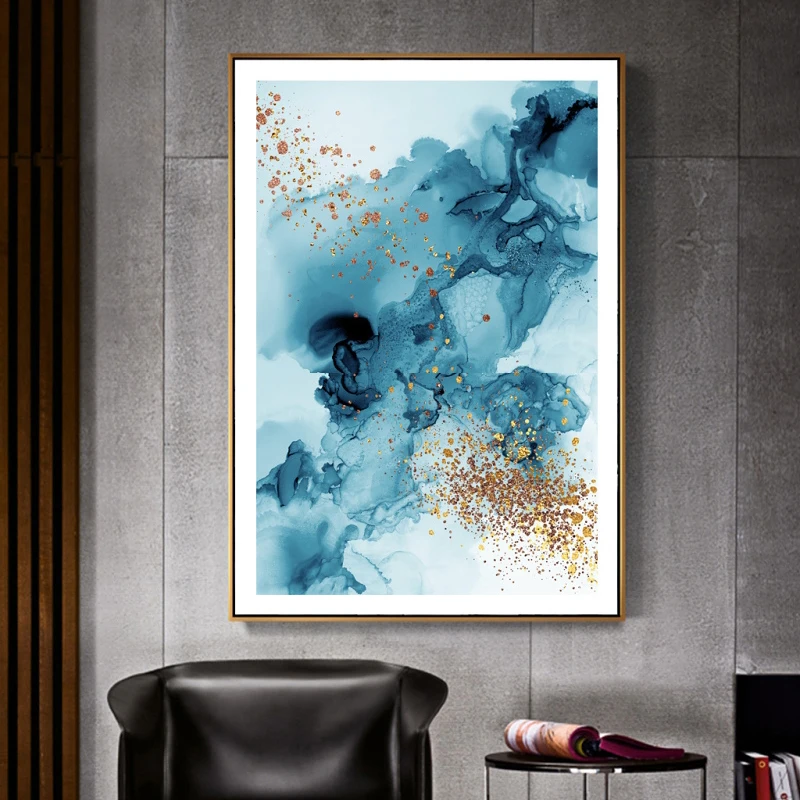 

Modern Simplicity of Abstract Canvas Paintings Modular Blue Golden Print Gold Wall Art Picture for Living Room Canvas Art 2-32