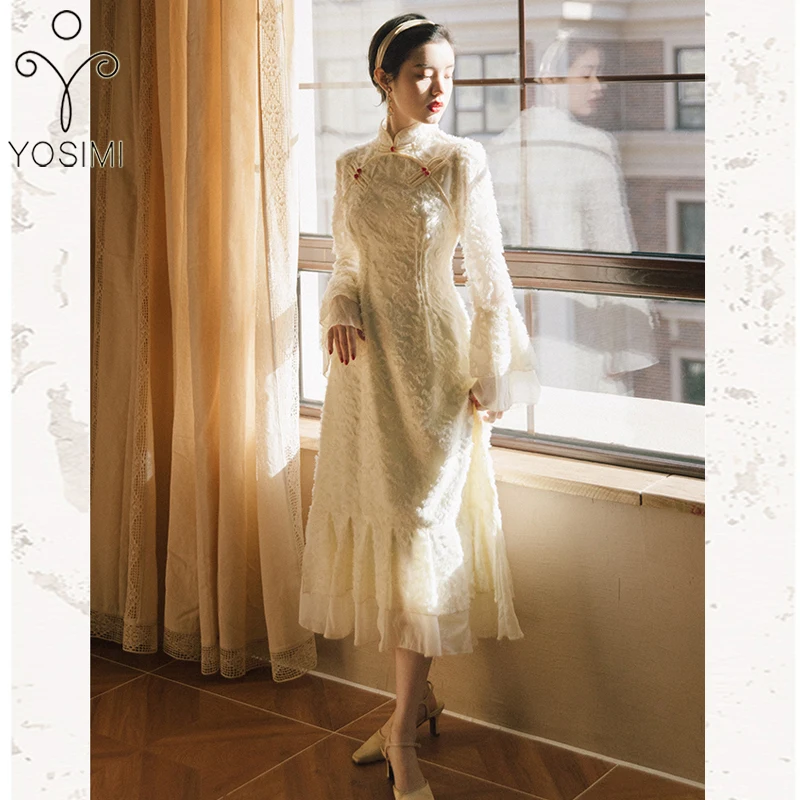 

YOSIMI Chinese Style Cheongsam 2021 Spring Women Party Dress Elegant Fall Mid-calf Fit and Flare A-line Long Sleeve Beige Dress