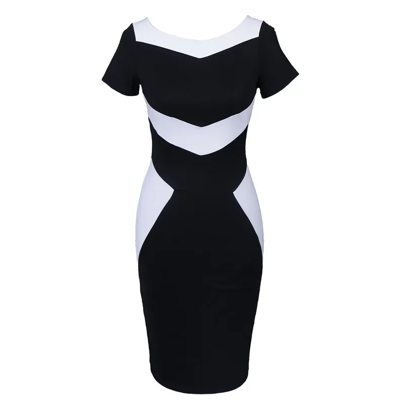 Women Elegant Dress 2019 Spring summer Short Sleeve O Neck Knee Length Shift pencil Dresses OL Style Black and white Work | Женская