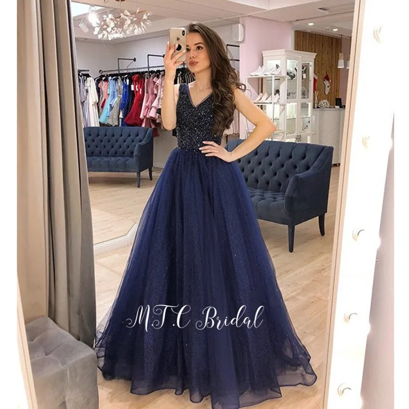 

Glitter Navy Blue Tulle Long Evening Dress Backless V Neck Luxury Beaded A Line Formal Occasion Women Dresses Custom Made 2019