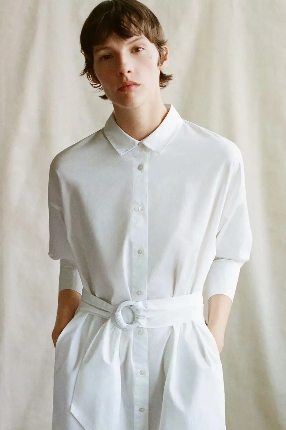 

CAWA White Shirt Women Dress Single Breasted Mini Dress Sashes Irregular Office Lady Women Solid Color Long Sleeve A-Line Dress