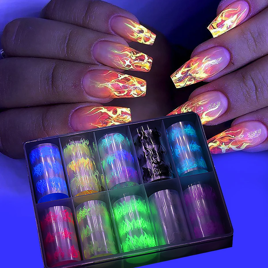 

10pcs Luminous Flame Nail Art Foils Transfer Stickers Fire Starry Papers Glow in The Dark Sliders Manicure Decorations TRB121-2