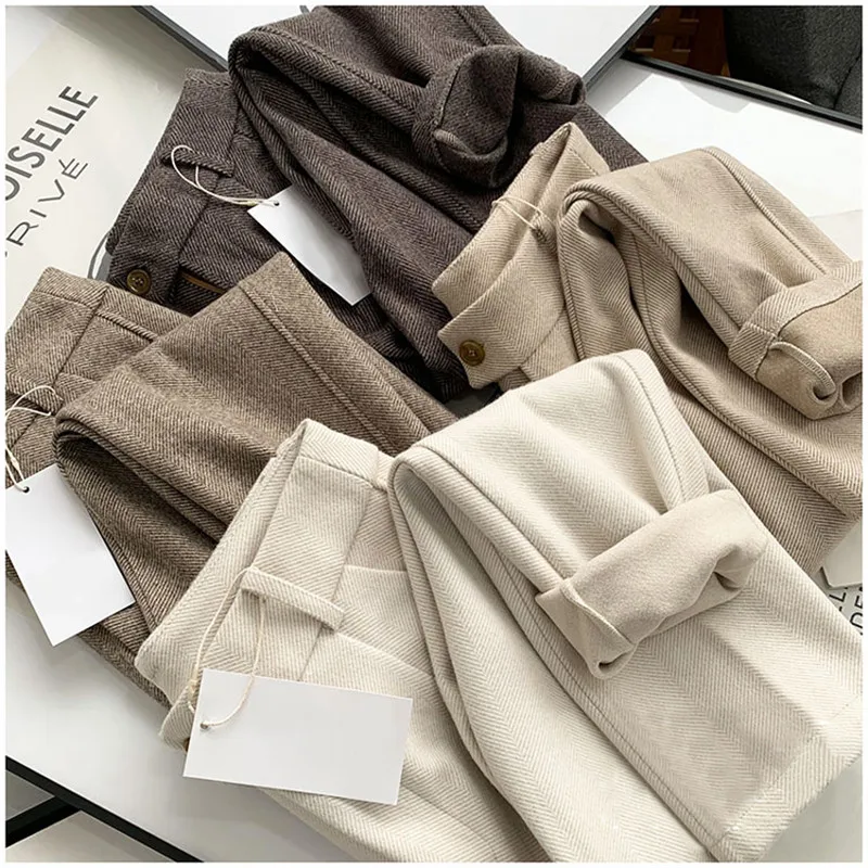 

High Quality Thicken Women Woolen Straight Pants Spring Winter Plus Size Wool Female Work Suit Pant OL Style Girls Trousers
