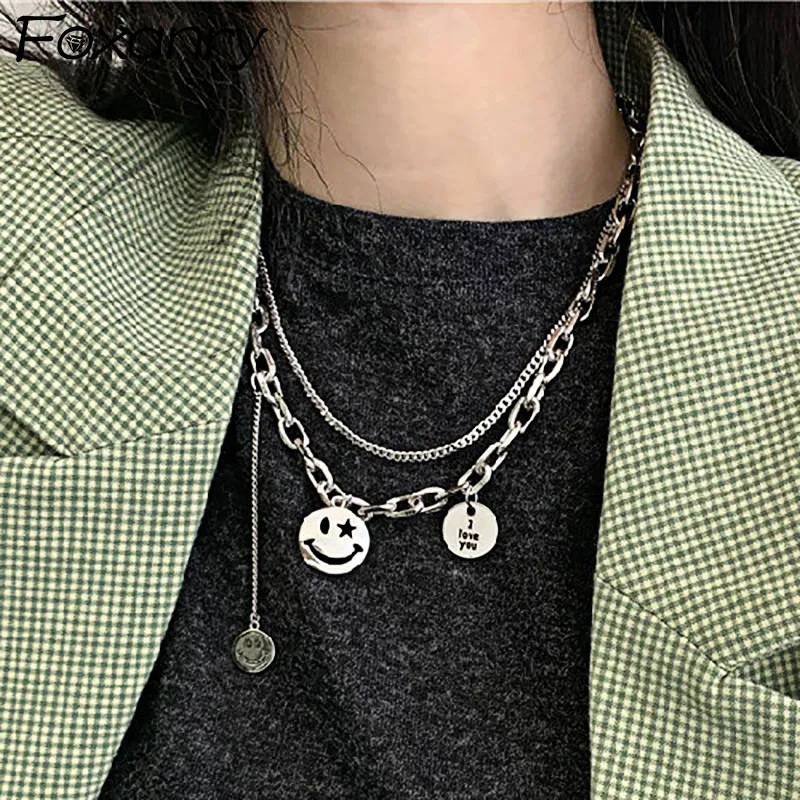 

Evimi 925 Standard Silver Vintage Hollow Necklace for Women New Fashion Smiley Face Thick Chain Thai Silver Party Jewelry