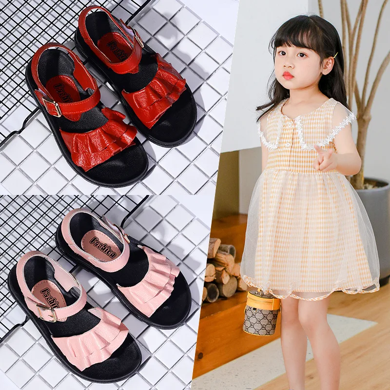 

Kids Sandals 2021 Summer Girls Fashion Beach Sandals Children Princess Flats Soft Sole Bowtie Solid Pleated Baby Red Shoes 26-37