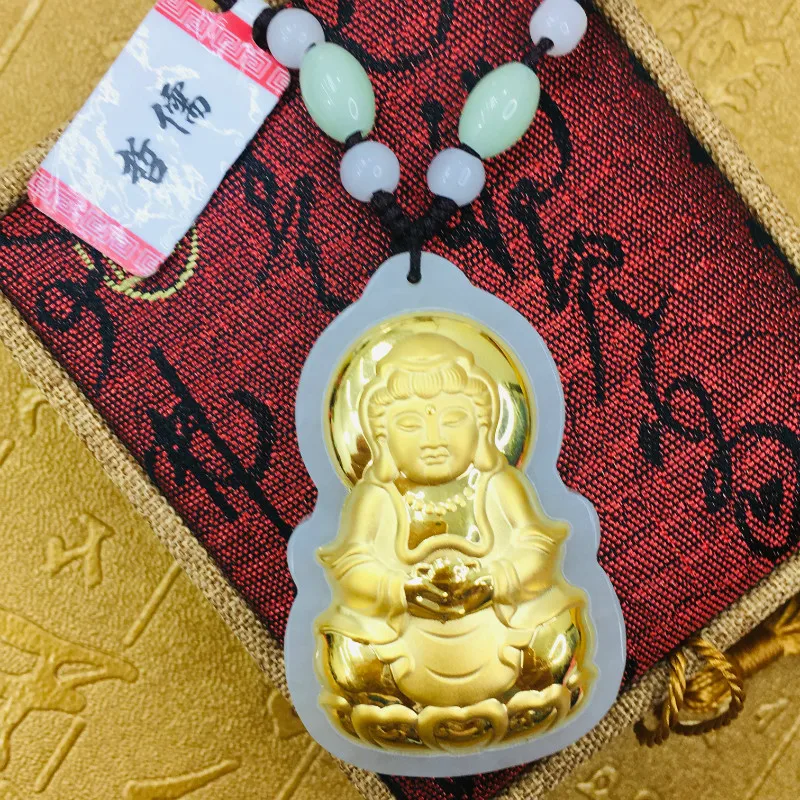 

Send A-level certificate Large section of natural Hetian jade inlaid 24K gold stereo Guanyin laughing Buddha pendant with red an