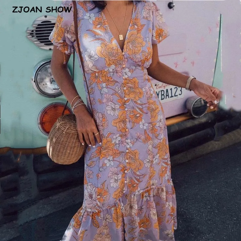 Женское платье-Русалка с оборками лавандовое однобортное платье цветочным