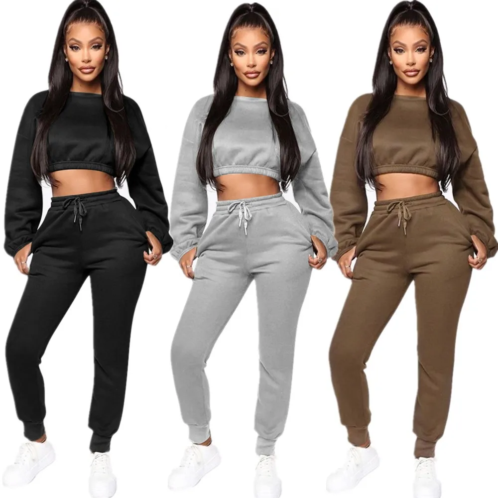 

Echoine Winter Thick fleece Hoodies Tops and Pants Two Piece Set Women Tracksuit Crop Top Trousers Casual Sportwear Matching Set