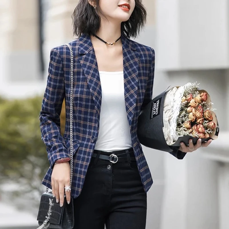 Женский клетчатый Блейзер базовое пальто размера плюс верхняя одежда синего