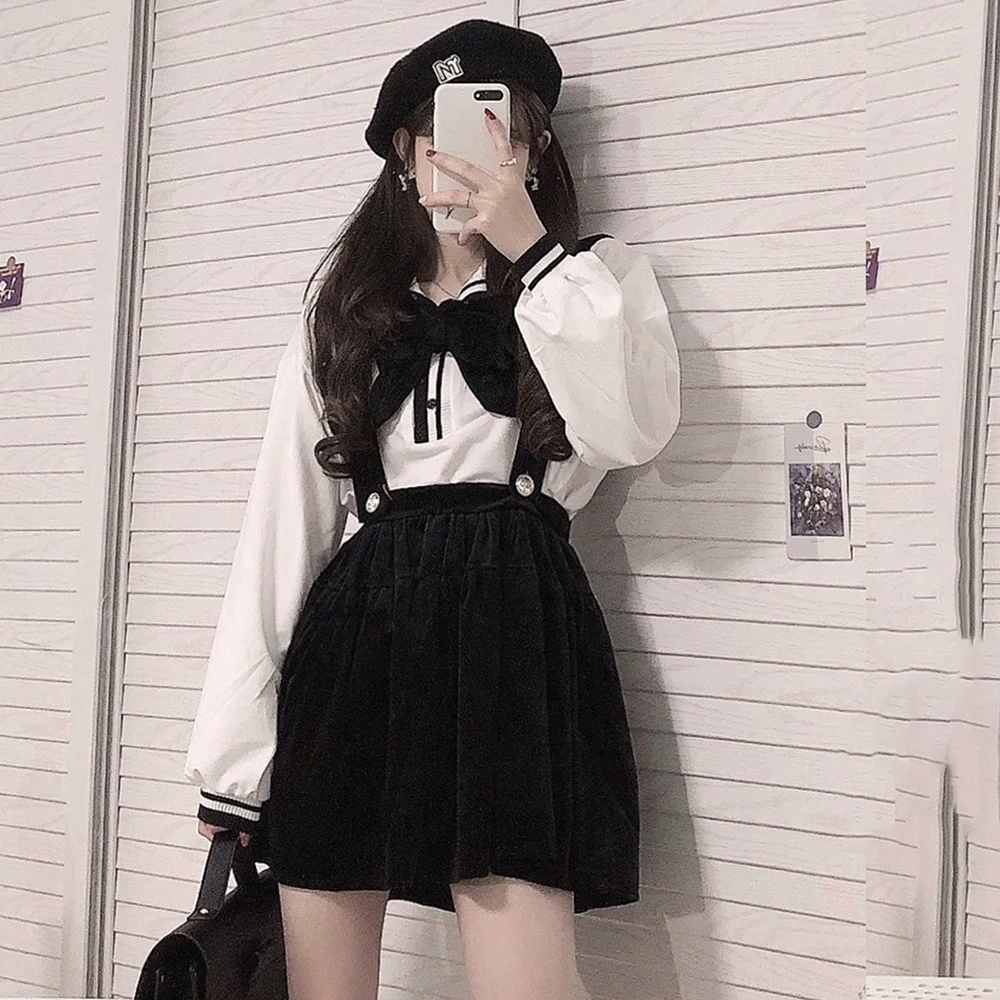 

High Street Two Piece Sets Spring Autumn New Fashion Loose Simple Designer Hot Sale Puff Sleeve Navy Collar