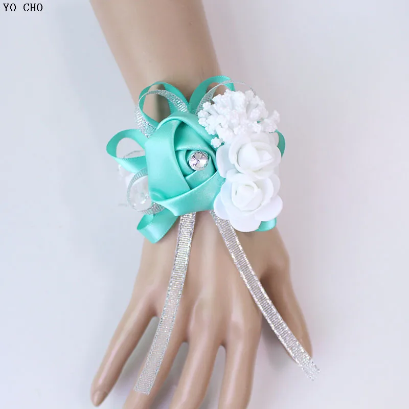 tiffany blue YO CHO 10 шт. свадебный цветок на руку, свадебное украшение, свадебный браслет с розами, Шелковый PE искусственный цветок для невесты, подружки невесты - Цвет: tiffany blue