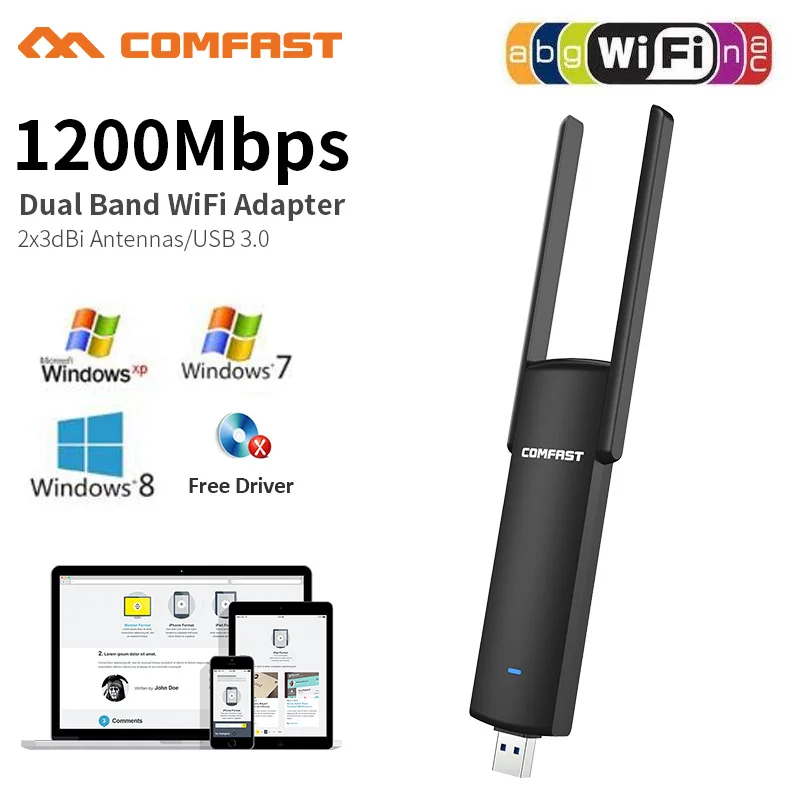 

Wifi Adapter 1200Mbps Dual Band Wi-fi dongle 2.4Ghz + COMFAST Usb 5Ghz Computer AC Network Card USB 3.0 Antenna 802.11ac/b/g/n