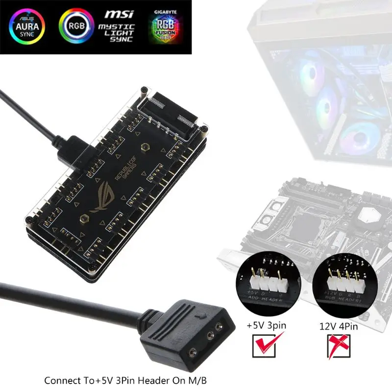 

2021 New AURA SYNC 5V 3-pin RGB 10 Hub Splitter SATA Power 3pin ARGB Adapter Extension Cable for GIGABYTE MSI A SUS ASRock LED