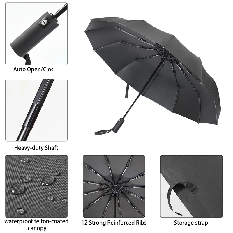

116CM Fully-Automatic Big Umbrella Rain Women Windproof Large Travel Business Umbrellas Men Parasol Three-folding Black Coating