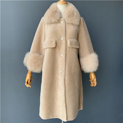 Beige MAOMAOFUR/шерстяное пальто для женщин с натуральным лисьим меховым воротником и манжетами; теплая верхняя одежда для женщин; Новая модная длинная стильная куртка из натурального овечьего меха - Цвет: Beige