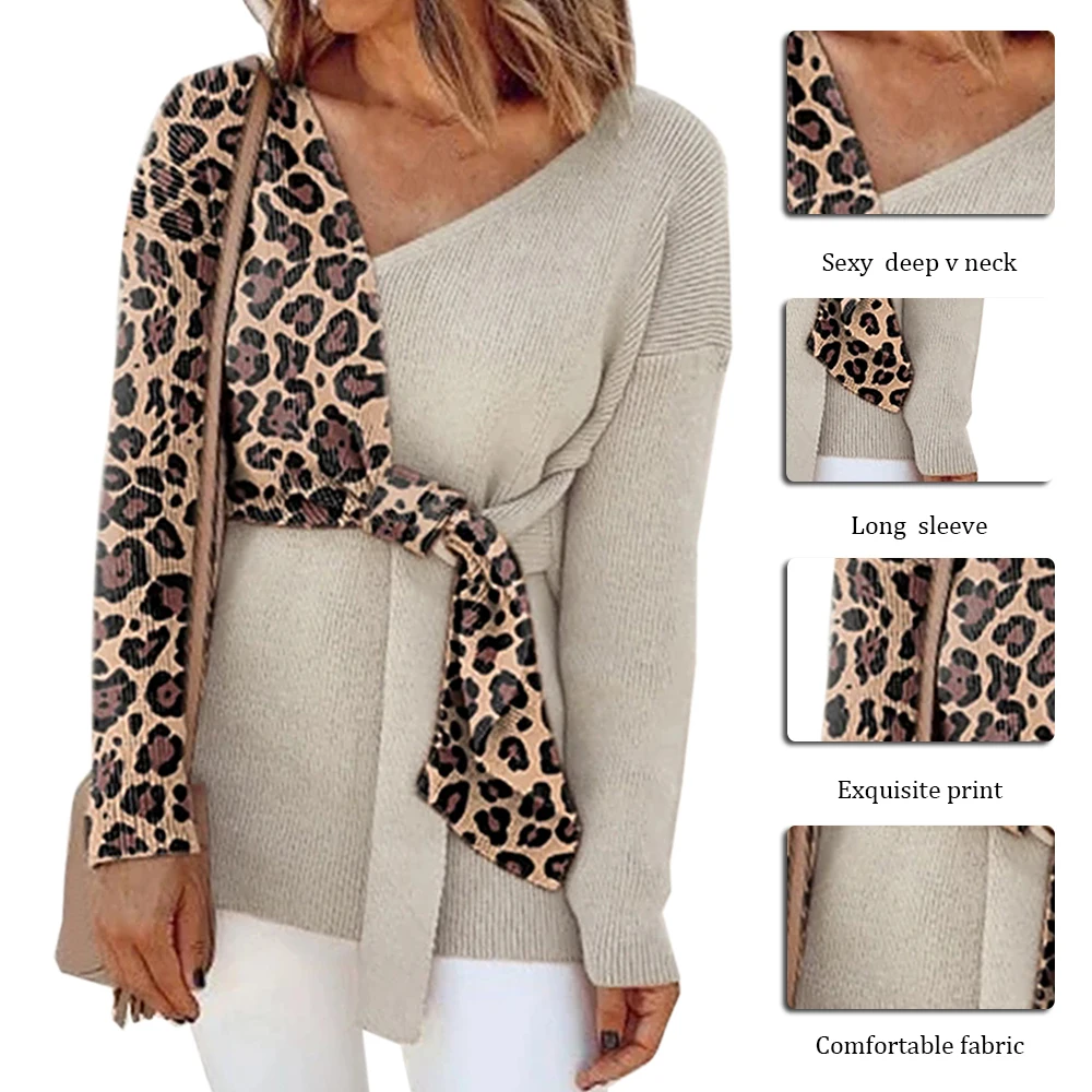 Women Patchwork Blouse Sweater Long Sleeve Bandage Baggy V Neck Loose Boho Ladies Two Tone Leopard Shirt Tops 2019 New | Женская одежда