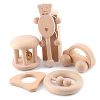 infant newborn wooden beech baby rattles teething ring for 0 36 months educational hand bell shaker toy animal shape musical toy