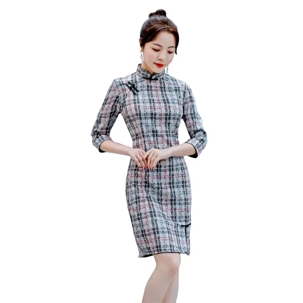 Шанхай история колено длина мода Cheongsam 3/4 рукав бархат Китайский Qipao
