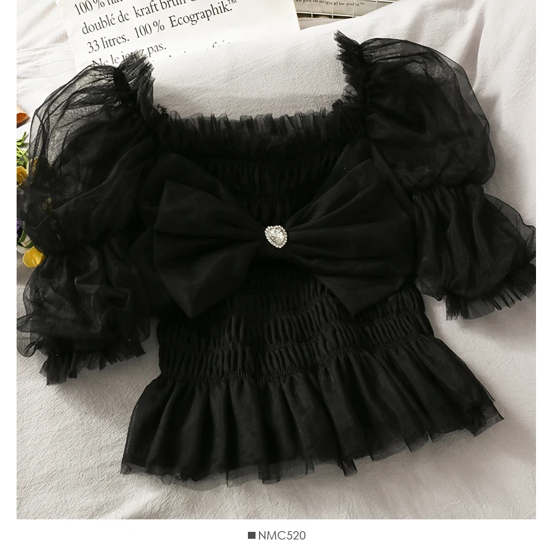 

Chic Color Gradient Short Women Tops and Blouses Fashion Ruffled Summer Pleated Bow Mesh Short Sleeve Blusas Cortas Dropshipping